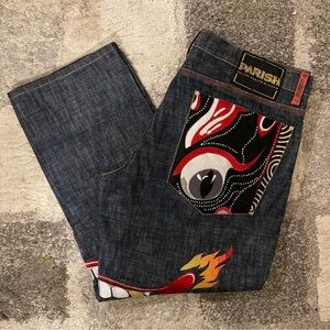 Parish Nation Navy Straight Jeans with Red & Yellow Flame Detail. Size 42